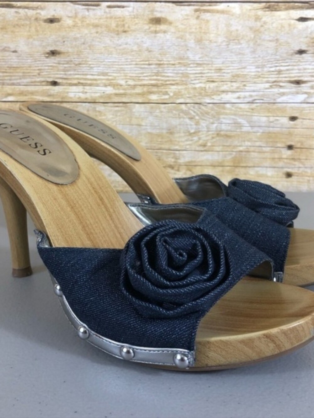 Y2K Guess Denim Rose Wooden Mules